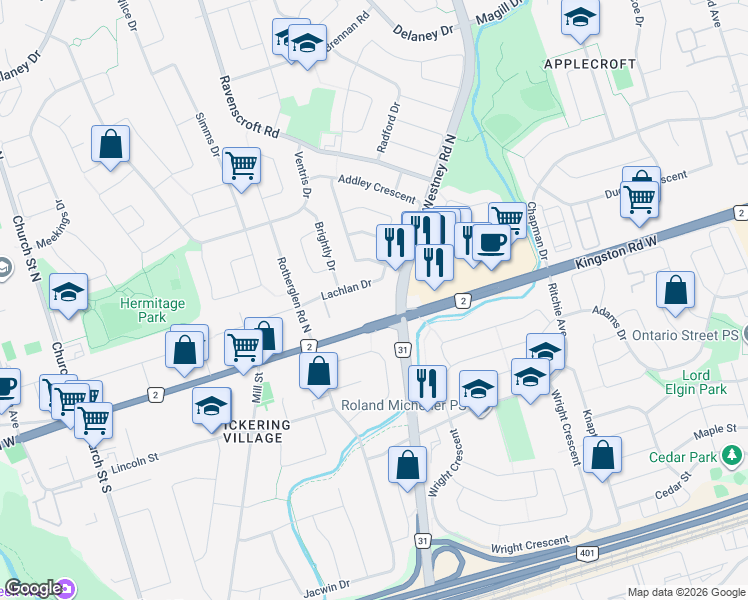 map of restaurants, bars, coffee shops, grocery stores, and more near in Ajax