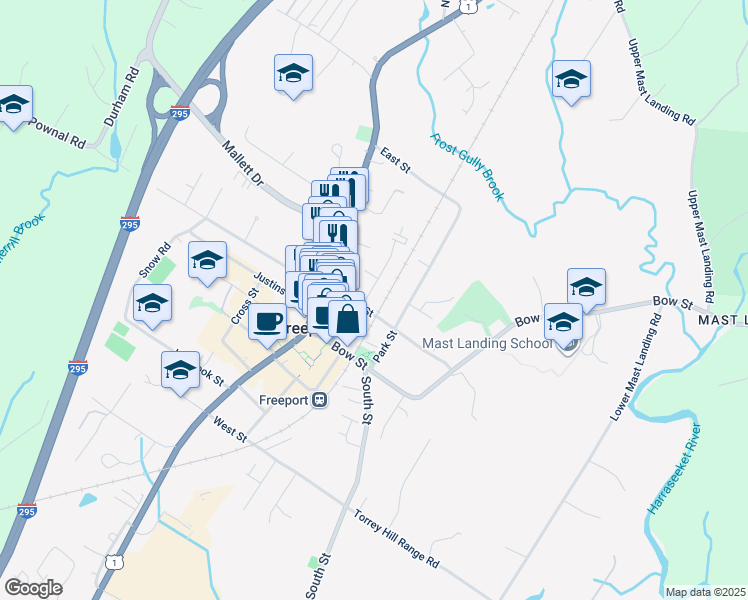 map of restaurants, bars, coffee shops, grocery stores, and more near 12 Royal Avenue in Freeport