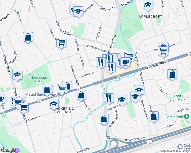 map of restaurants, bars, coffee shops, grocery stores, and more near 15-17 Lachlan Drive in Ajax