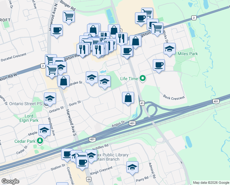 map of restaurants, bars, coffee shops, grocery stores, and more near 97 Dobson Drive in Ajax