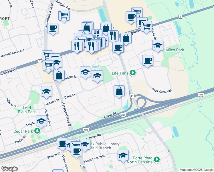 map of restaurants, bars, coffee shops, grocery stores, and more near 97 Dobson Drive in Ajax