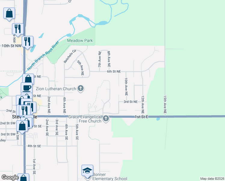 map of restaurants, bars, coffee shops, grocery stores, and more near 707 Tee Green Court Northeast in Stewartville