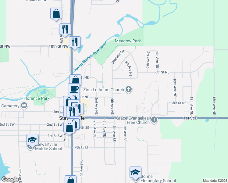 map of restaurants, bars, coffee shops, grocery stores, and more near 412 5th Street Northeast in Stewartville