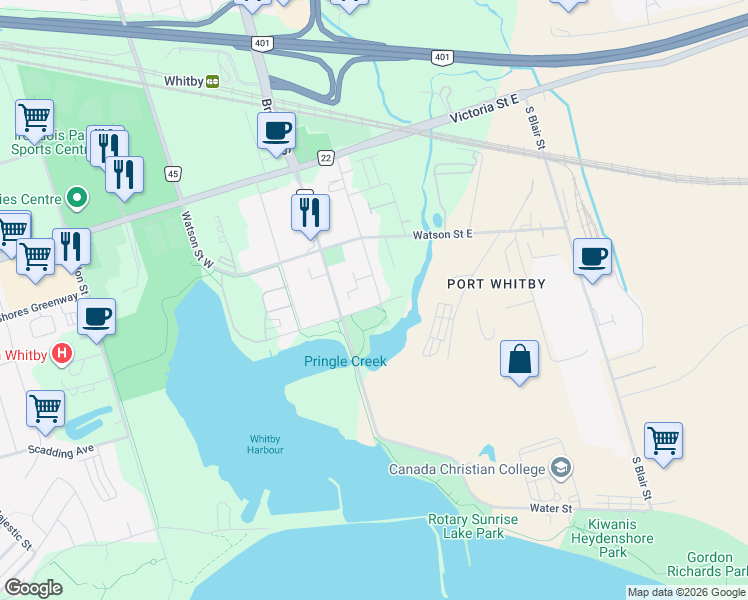 map of restaurants, bars, coffee shops, grocery stores, and more near 134 Front Street East in Whitby