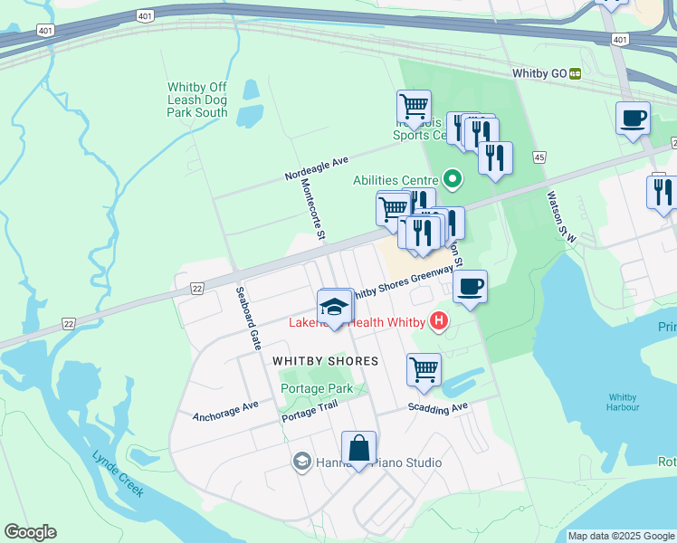 map of restaurants, bars, coffee shops, grocery stores, and more near 21 Bayside Gate in Whitby