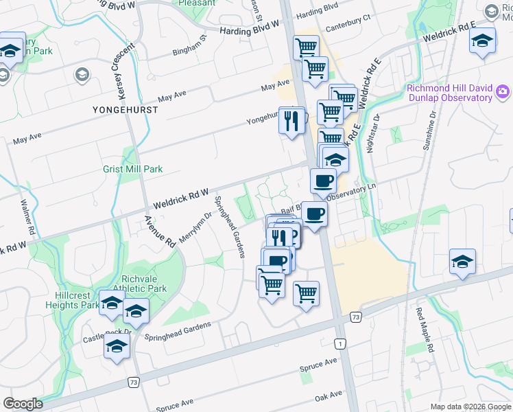 map of restaurants, bars, coffee shops, grocery stores, and more near 70 Baif Boulevard in Richmond Hill