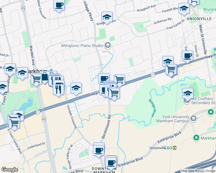map of restaurants, bars, coffee shops, grocery stores, and more near 4004 Highway 7 in Markham