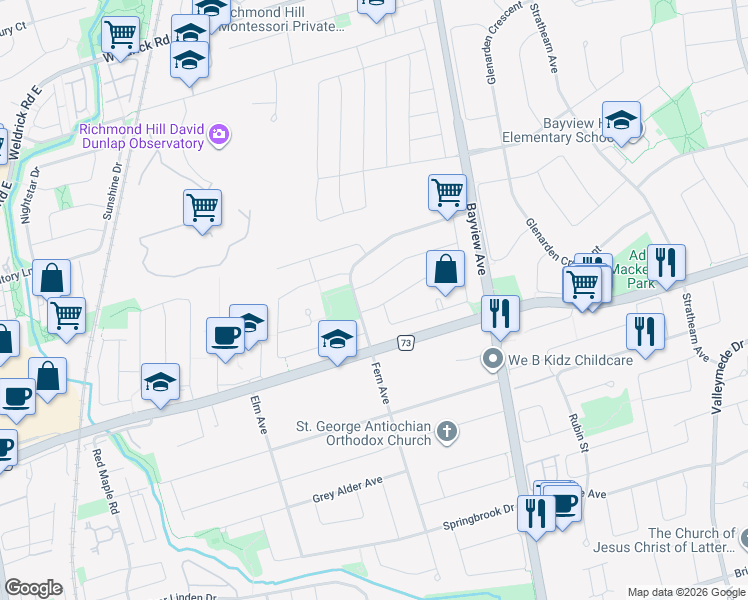 map of restaurants, bars, coffee shops, grocery stores, and more near 8 Elmsley Drive in Richmond Hill