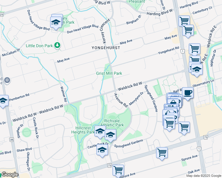 map of restaurants, bars, coffee shops, grocery stores, and more near 116 Weldrick Road West in Richmond Hill