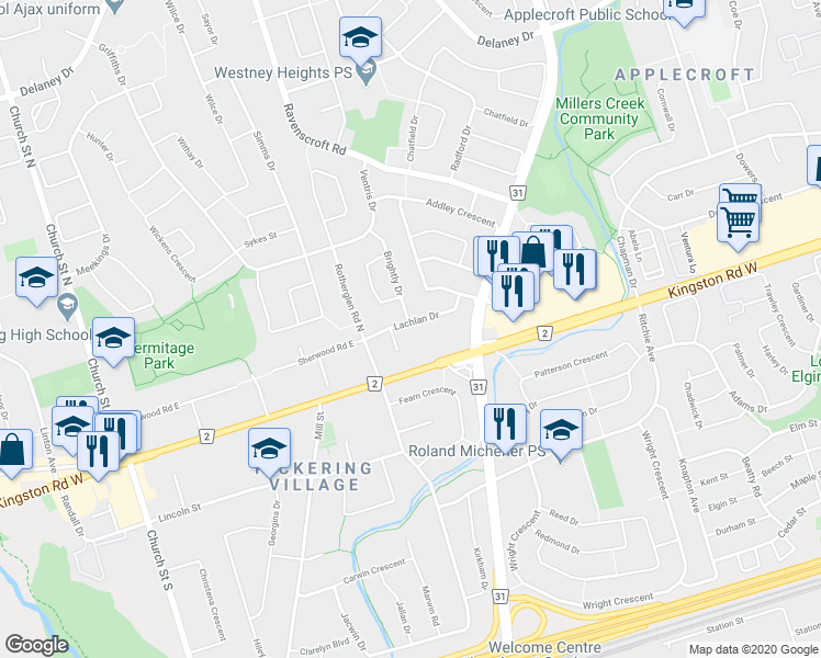 map of restaurants, bars, coffee shops, grocery stores, and more near 23 Lachlan Drive in Ajax