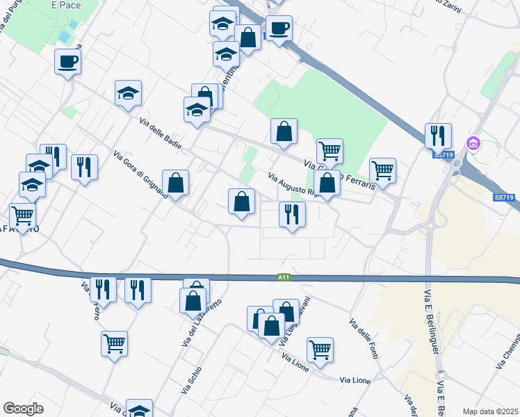 map of restaurants, bars, coffee shops, grocery stores, and more near 33 Via Enrico Fermi in Prato