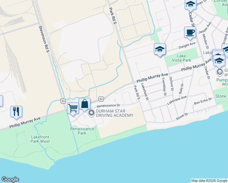map of restaurants, bars, coffee shops, grocery stores, and more near Phillip Murray Avenue in Oshawa