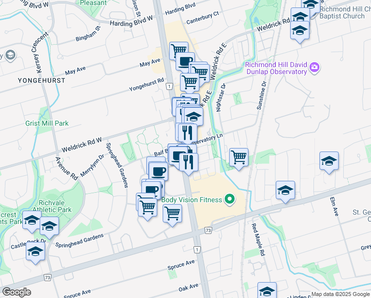 map of restaurants, bars, coffee shops, grocery stores, and more near 9471 Yonge Street in Richmond Hill