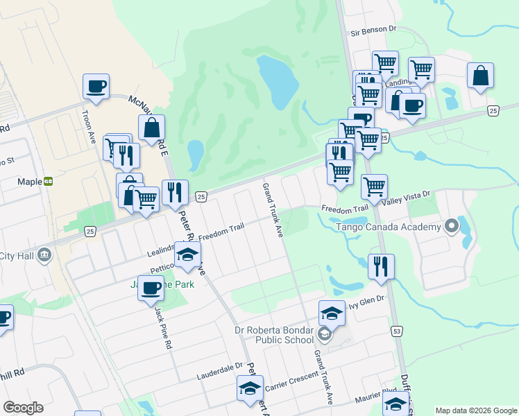 map of restaurants, bars, coffee shops, grocery stores, and more near 15 Catalpa Crescent in Vaughan