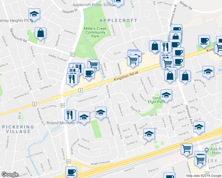 map of restaurants, bars, coffee shops, grocery stores, and more near 47 Woodward Crescent in Ajax