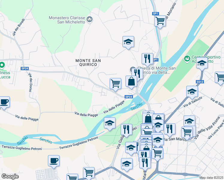 map of restaurants, bars, coffee shops, grocery stores, and more near 318 Via di Sant'Alessio in Lucca