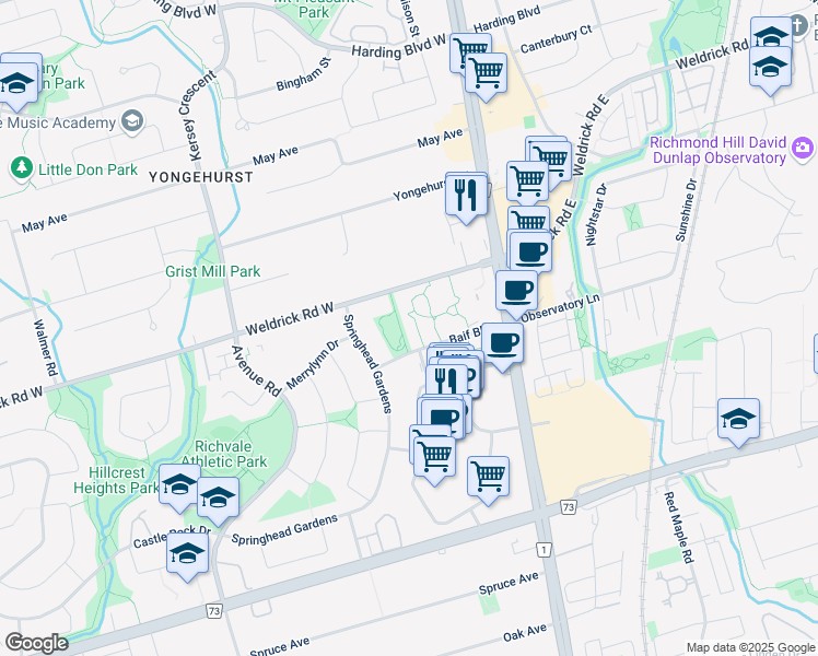 map of restaurants, bars, coffee shops, grocery stores, and more near in Richmond Hill