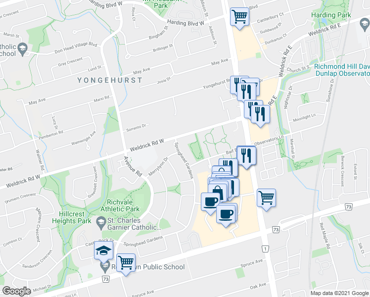 map of restaurants, bars, coffee shops, grocery stores, and more near in Richmond Hill