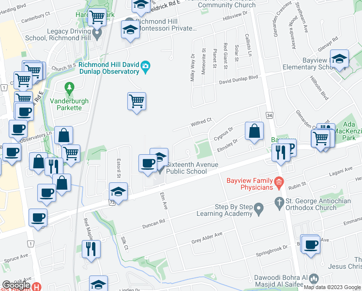 map of restaurants, bars, coffee shops, grocery stores, and more near 90 Gordon Rowe Crescent in Richmond Hill