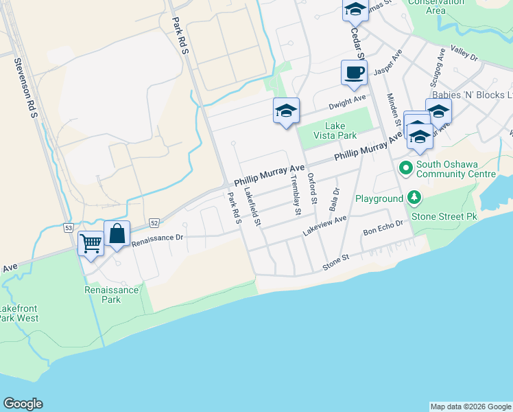 map of restaurants, bars, coffee shops, grocery stores, and more near 1425 Lakefield Street in Oshawa