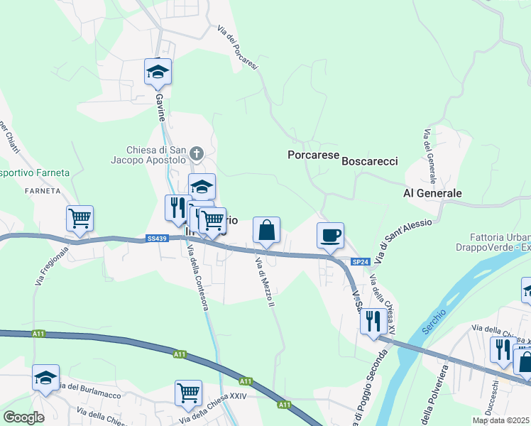 map of restaurants, bars, coffee shops, grocery stores, and more near 515 Via della Chiesa XXIII in Lucca