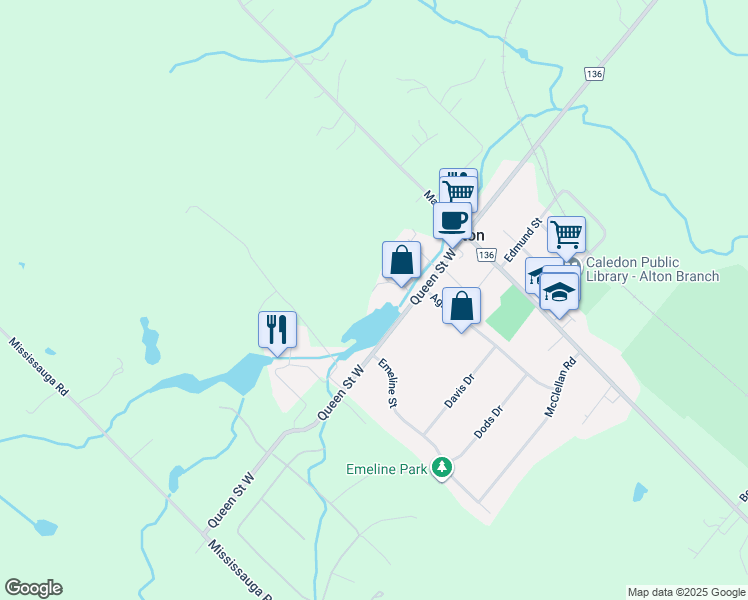 map of restaurants, bars, coffee shops, grocery stores, and more near 1380 Queen Street West in Alton