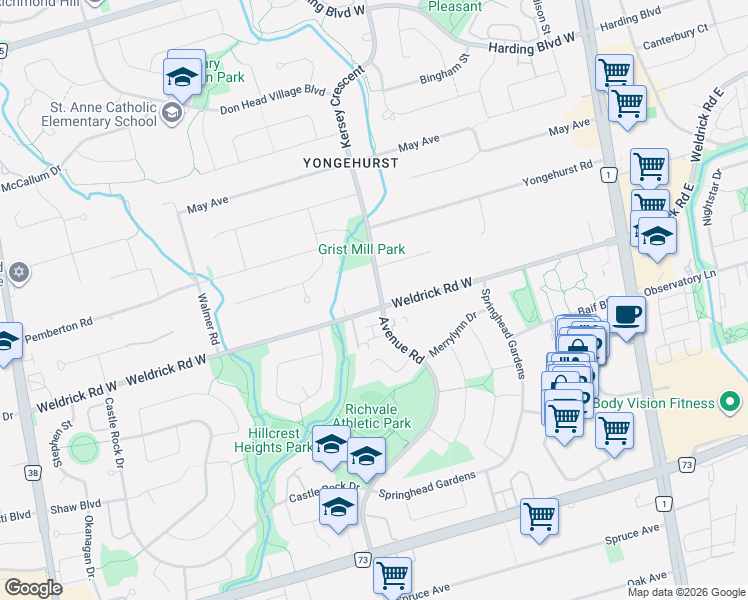 map of restaurants, bars, coffee shops, grocery stores, and more near 114 Weldrick Road West in Richmond Hill