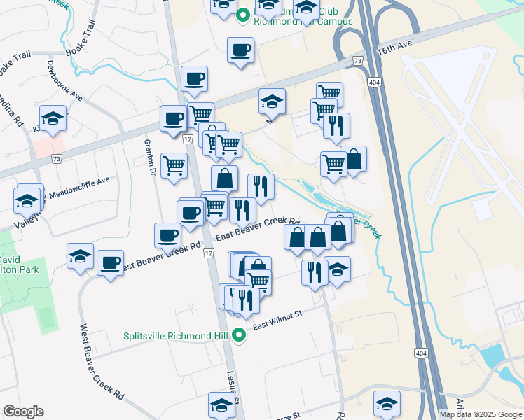 map of restaurants, bars, coffee shops, grocery stores, and more near 30 East Beaver Creek Road in Richmond Hill
