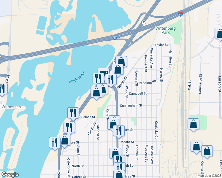 map of restaurants, bars, coffee shops, grocery stores, and more near 1140 West George Street in La Crosse