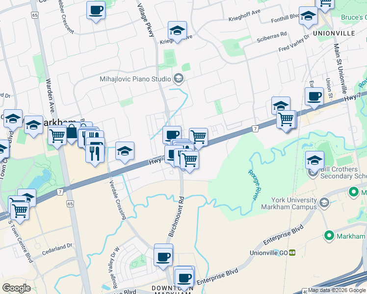 map of restaurants, bars, coffee shops, grocery stores, and more near 4016 Highway 7 in Markham