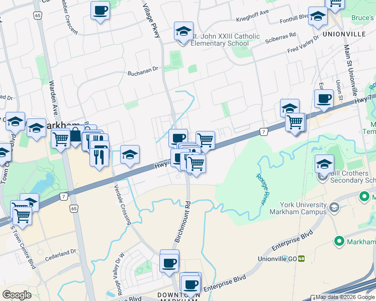 map of restaurants, bars, coffee shops, grocery stores, and more near 4024 Highway 7 in Markham