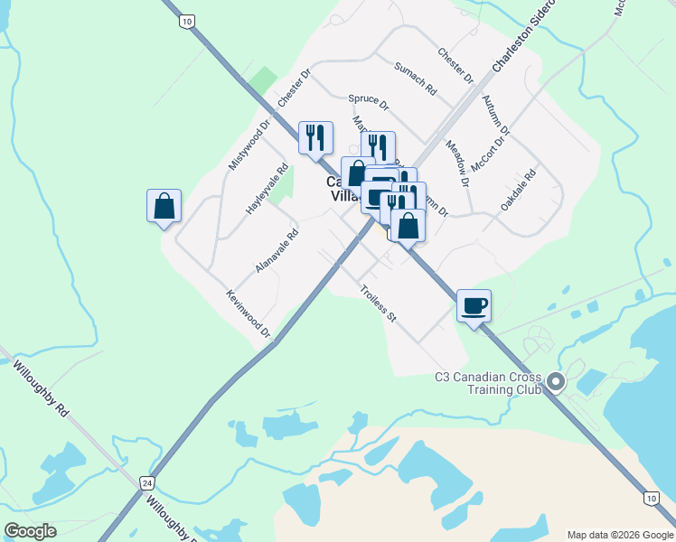 map of restaurants, bars, coffee shops, grocery stores, and more near 170 Troiless Street in Caledon Village