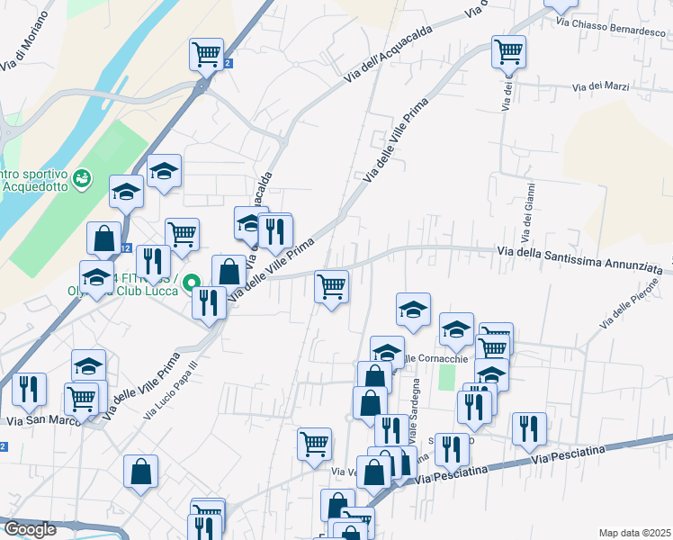 map of restaurants, bars, coffee shops, grocery stores, and more near 295 Via della Santissima Annunziata in Lucca