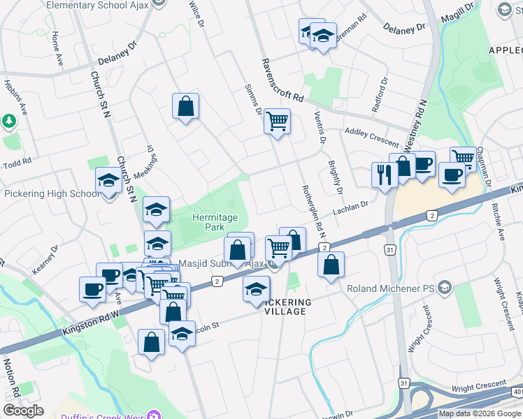 map of restaurants, bars, coffee shops, grocery stores, and more near 20 Leah Crescent in Ajax