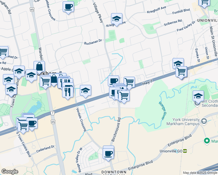 map of restaurants, bars, coffee shops, grocery stores, and more near 278 Buchanan Drive in Markham