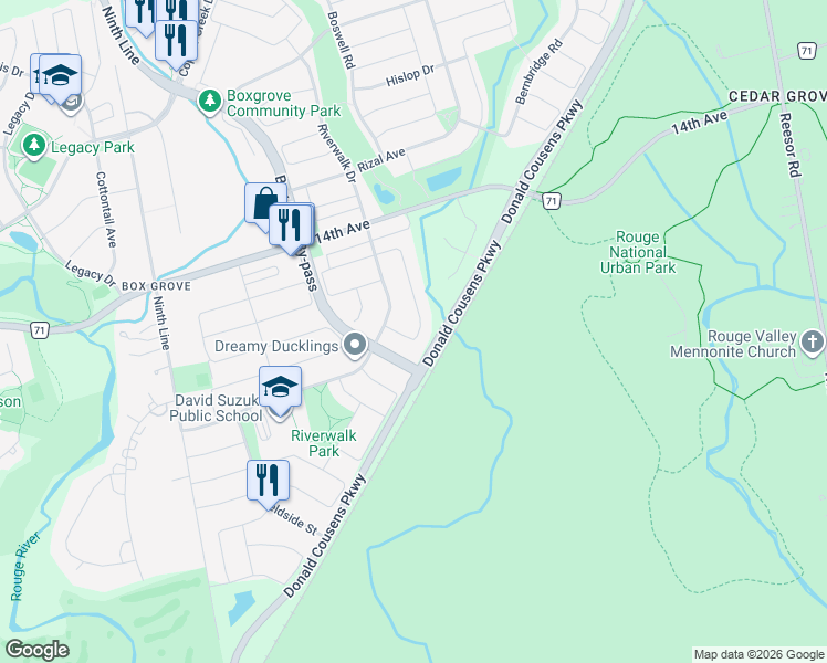 map of restaurants, bars, coffee shops, grocery stores, and more near 14 Kentview Crescent in Markham