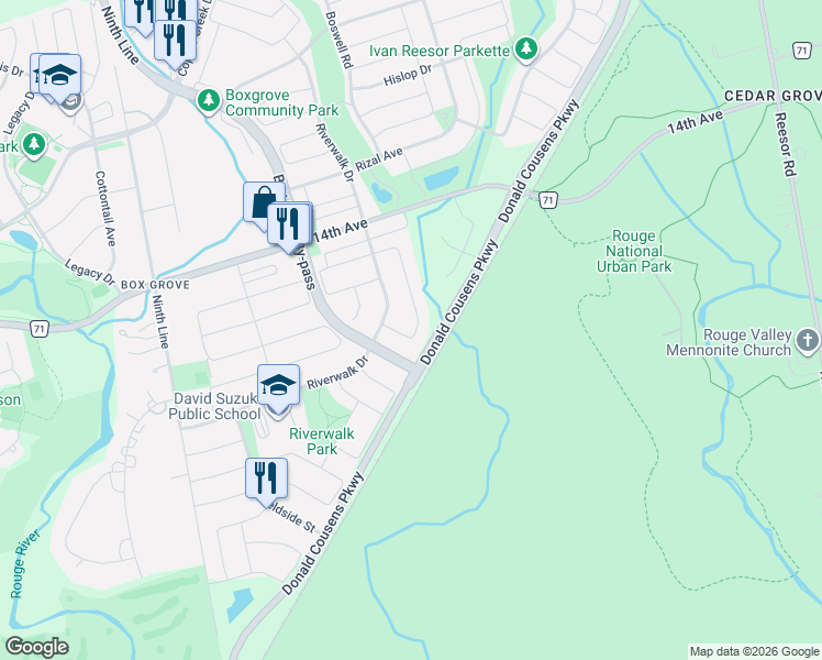 map of restaurants, bars, coffee shops, grocery stores, and more near 27 Kentview Crescent in Markham