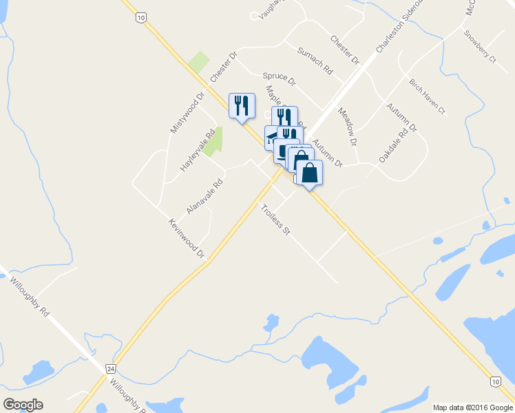 map of restaurants, bars, coffee shops, grocery stores, and more near 170 Troiless Street in Caledon