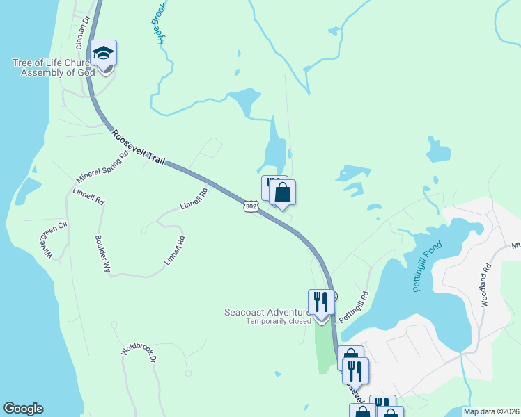 map of restaurants, bars, coffee shops, grocery stores, and more near 1099 Roosevelt Trail in Windham