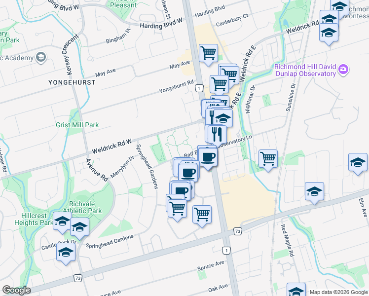 map of restaurants, bars, coffee shops, grocery stores, and more near 40 Baif Boulevard in Richmond Hill