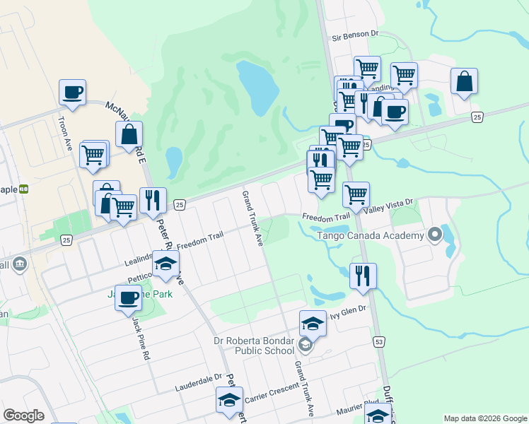 map of restaurants, bars, coffee shops, grocery stores, and more near 117 White Beach Crescent in Vaughan