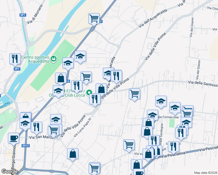 map of restaurants, bars, coffee shops, grocery stores, and more near 11 Via dell'Acquacalda in Lucca