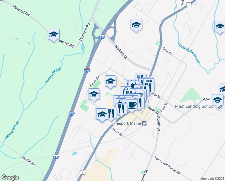 map of restaurants, bars, coffee shops, grocery stores, and more near 21 Morse Street in Freeport