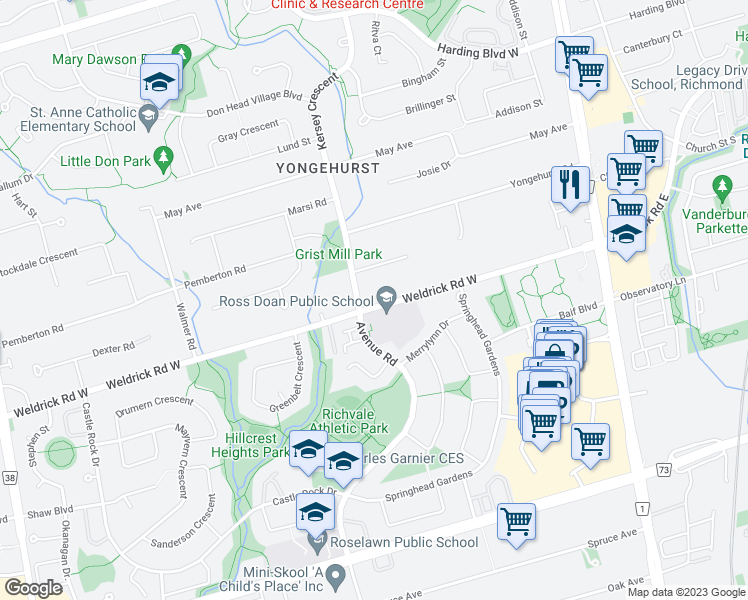 map of restaurants, bars, coffee shops, grocery stores, and more near 106 Weldrick Road West in Richmond Hill