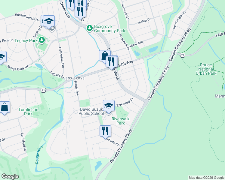 map of restaurants, bars, coffee shops, grocery stores, and more near 71 Batchford Crescent in Markham