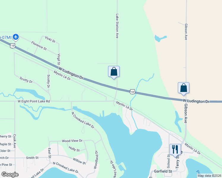map of restaurants, bars, coffee shops, grocery stores, and more near 8205 West Ludington Drive in Lake
