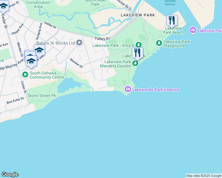map of restaurants, bars, coffee shops, grocery stores, and more near 61 Muskoka Avenue in Oshawa