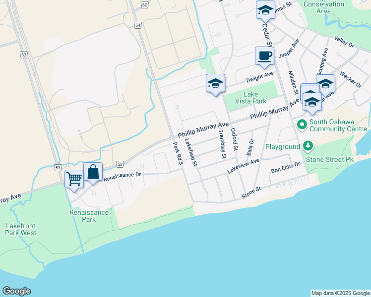 map of restaurants, bars, coffee shops, grocery stores, and more near in Oshawa