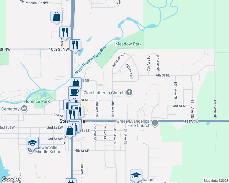 map of restaurants, bars, coffee shops, grocery stores, and more near 412 5th Street Northeast in Stewartville