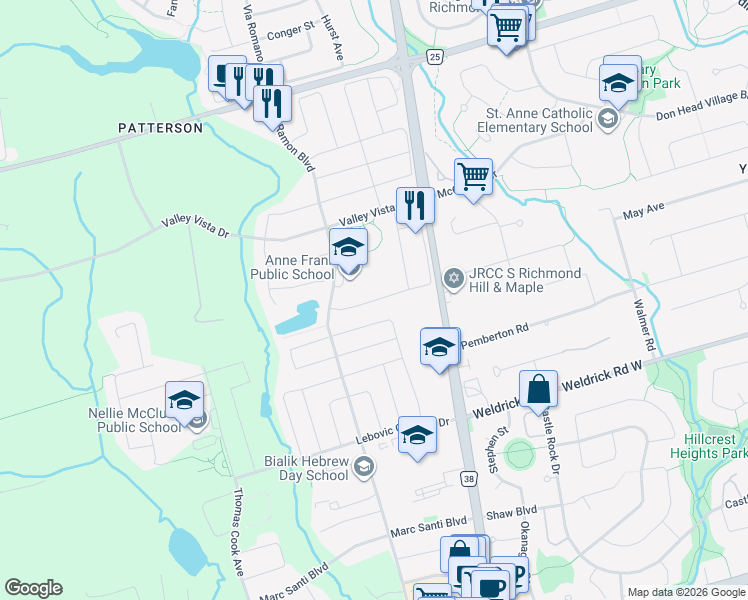 map of restaurants, bars, coffee shops, grocery stores, and more near 188 First Nations Trail in Vaughan